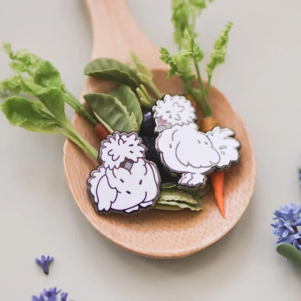 Silkie Chickens Enamel Pin Set of 2 - Farm Animal Brooches -‎ Chicken Jewelry